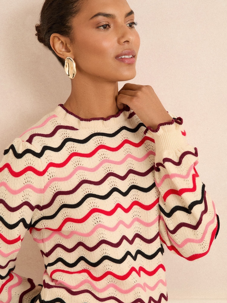 Love & Roses Cream Wavy Rainbow Stripe Frill Neck Knitted Jumper - Image 2 of 4