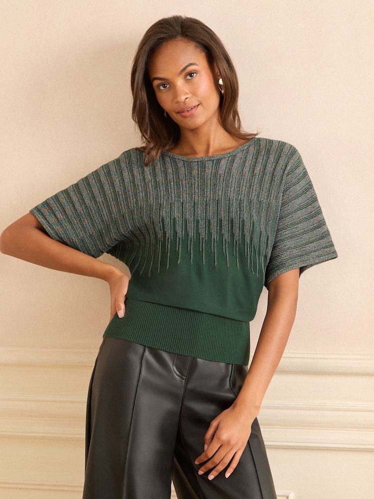 Love & Roses Forest Green Multi Lurex Batwing Knitted Top - Image 1 of 4