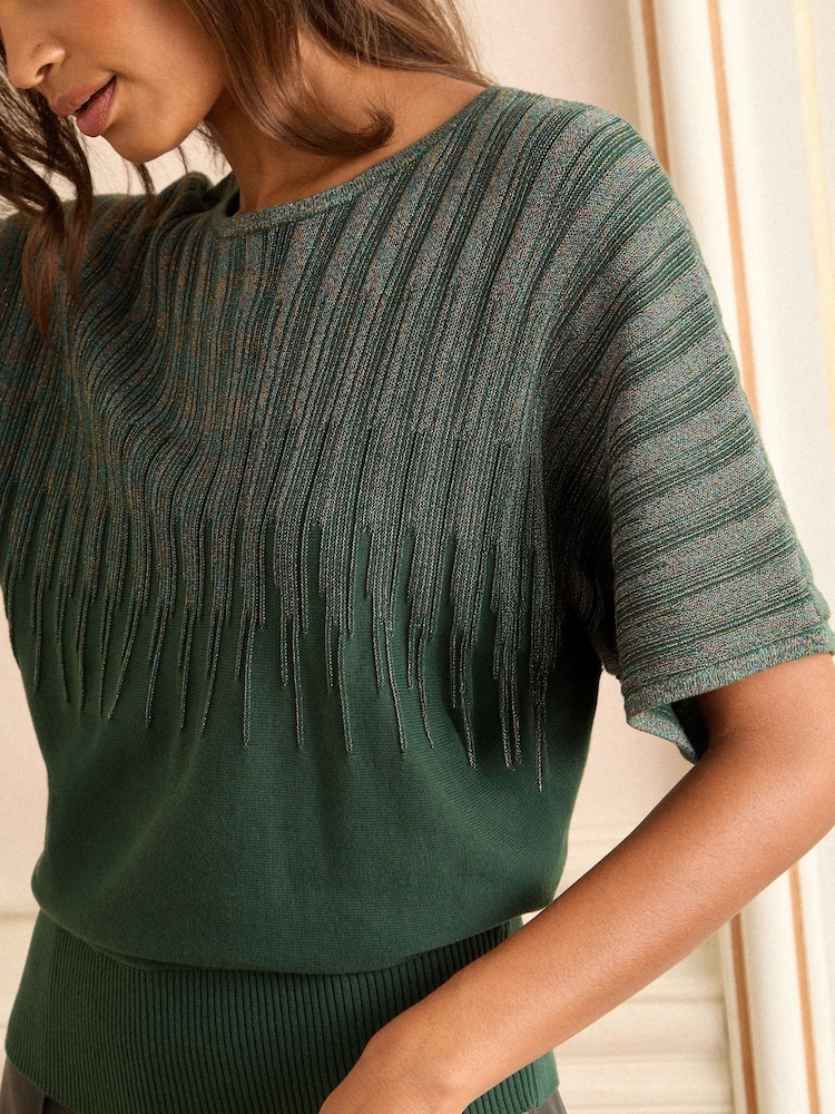 Love & Roses Forest Green Multi Lurex Batwing Knitted Top - Image 2 of 4