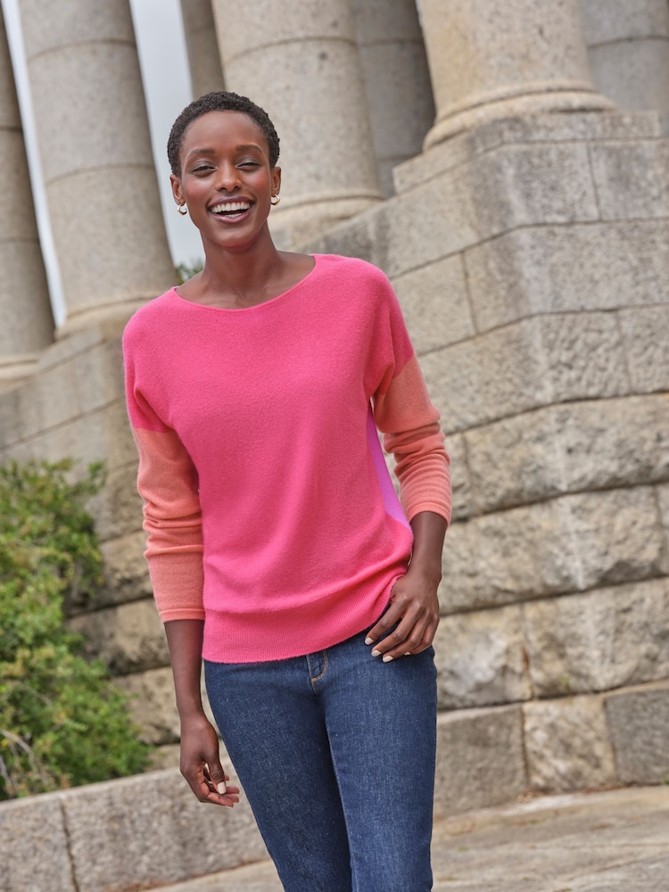 Pure Collection Pink Gassato Cashmere Colourblock Crew Neck Sweater - Image 1 of 3