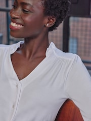 Pure Collection Frill Open Neck White Jersey Top - Image 3 of 3