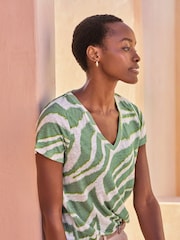 Pure Collection Green Short Sleeve V-Neck 100% Linen T-Shirt - Image 1 of 3