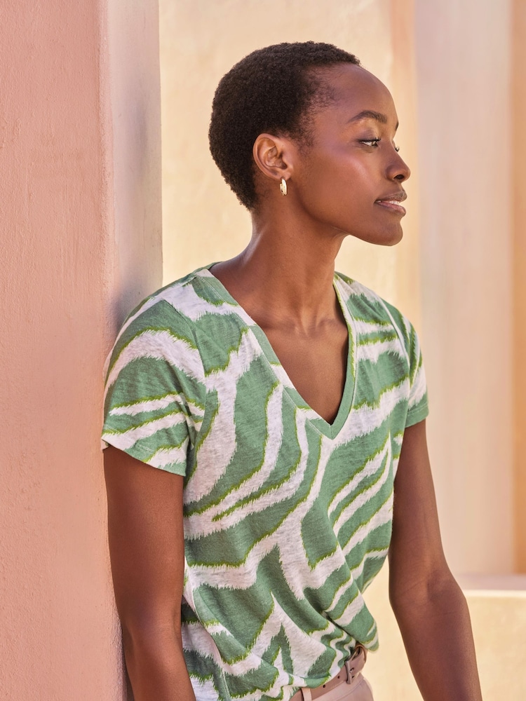 Pure Collection Green Short Sleeve V-Neck 100% Linen T-Shirt - Image 1 of 3