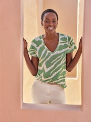 Pure Collection Green Short Sleeve V-Neck 100% Linen T-Shirt - Image 3 of 3