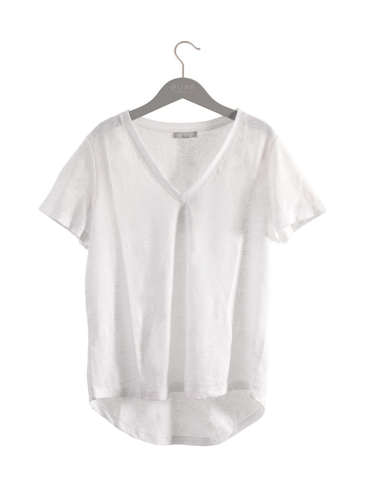 Pure Collection Short Sleeve V-Neck 100% Linen White T-Shirt - Image 3 of 3