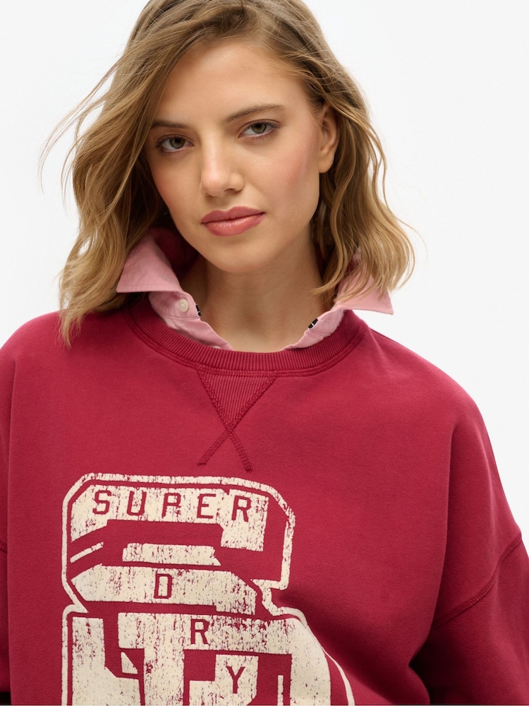 Superdry Red Athletic Essentials Relaxed Flock Crew 100% Cotton Sweatshirt - Image 1 of 5