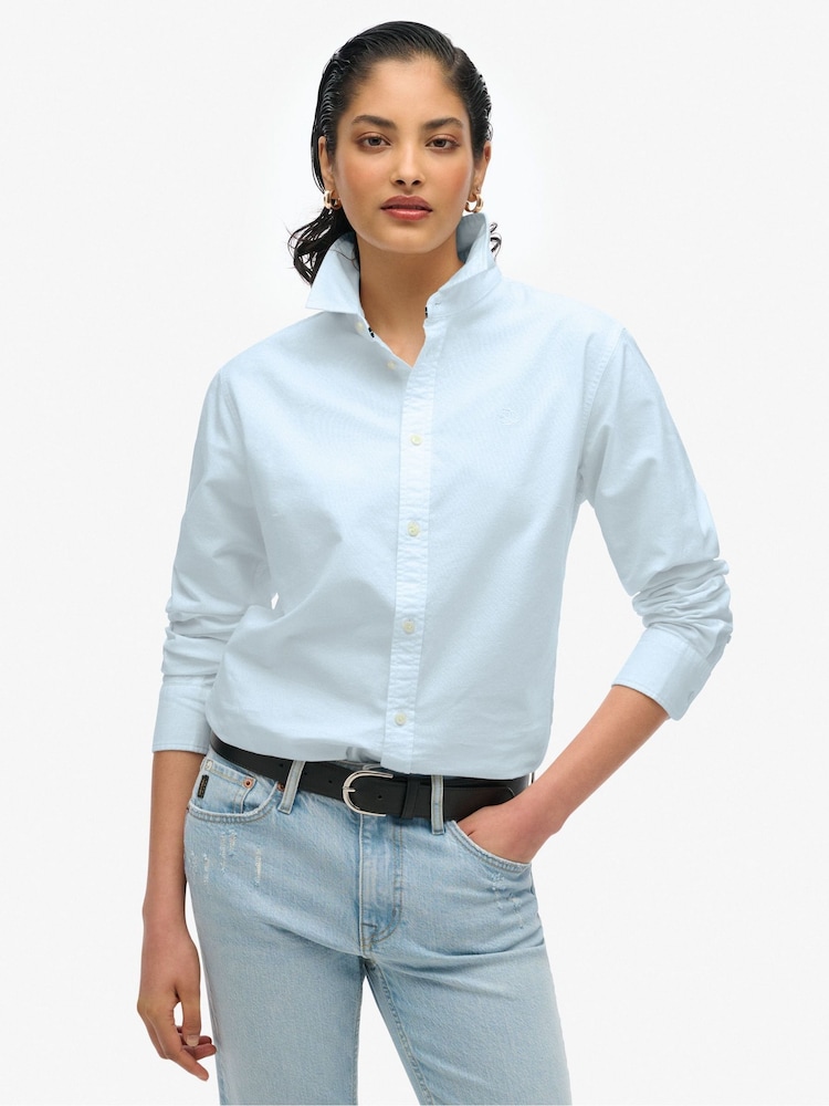 Superdry Blue Slim Oxford Long Sleeve 100% Blue Cotton Shirt - Image 1 of 4