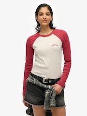 Superdry White Essential Logo Ribbed Baseball Long Sleeve Top - Image 1 of 5