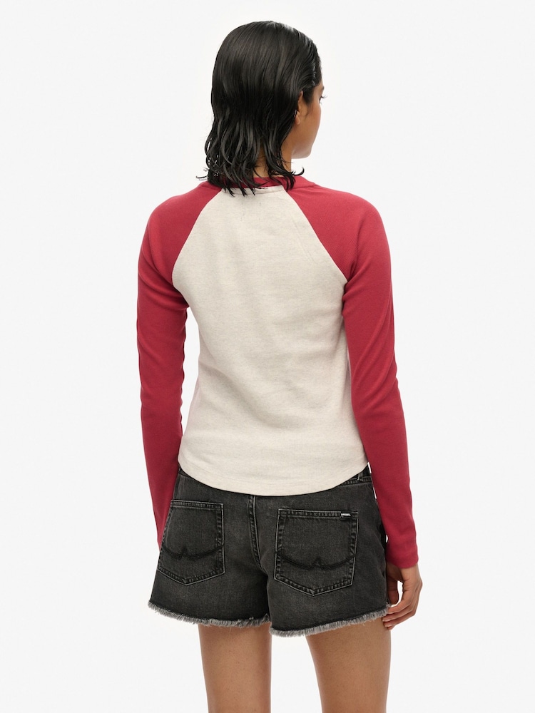 Superdry White Essential Logo Ribbed Baseball Long Sleeve Top - Image 2 of 5