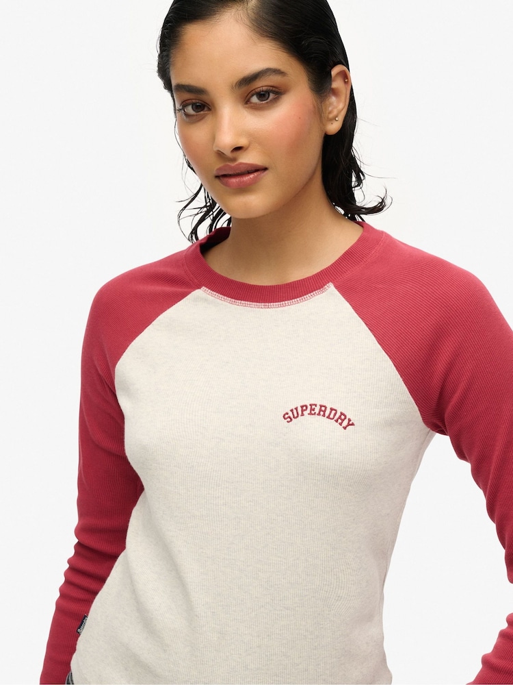 Alb - Top cu mânecă lungă de baseball cu nervuri și logo Superdry Essential - Image 4 of 5