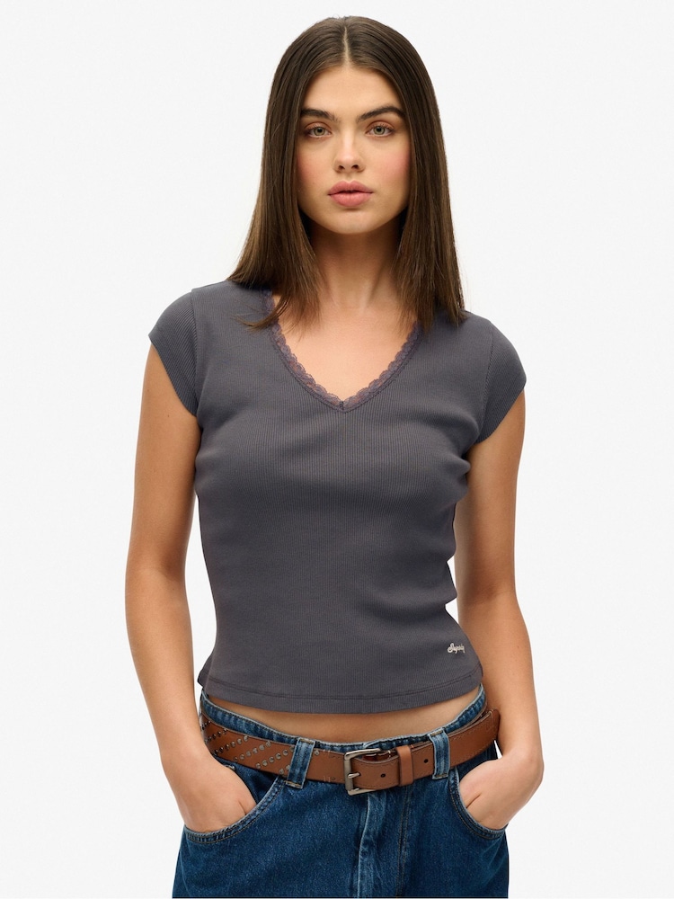 Superdry Grey 100% Cotton Essential Square Neck Short Sleeve T-Shirt - Image 1 of 6