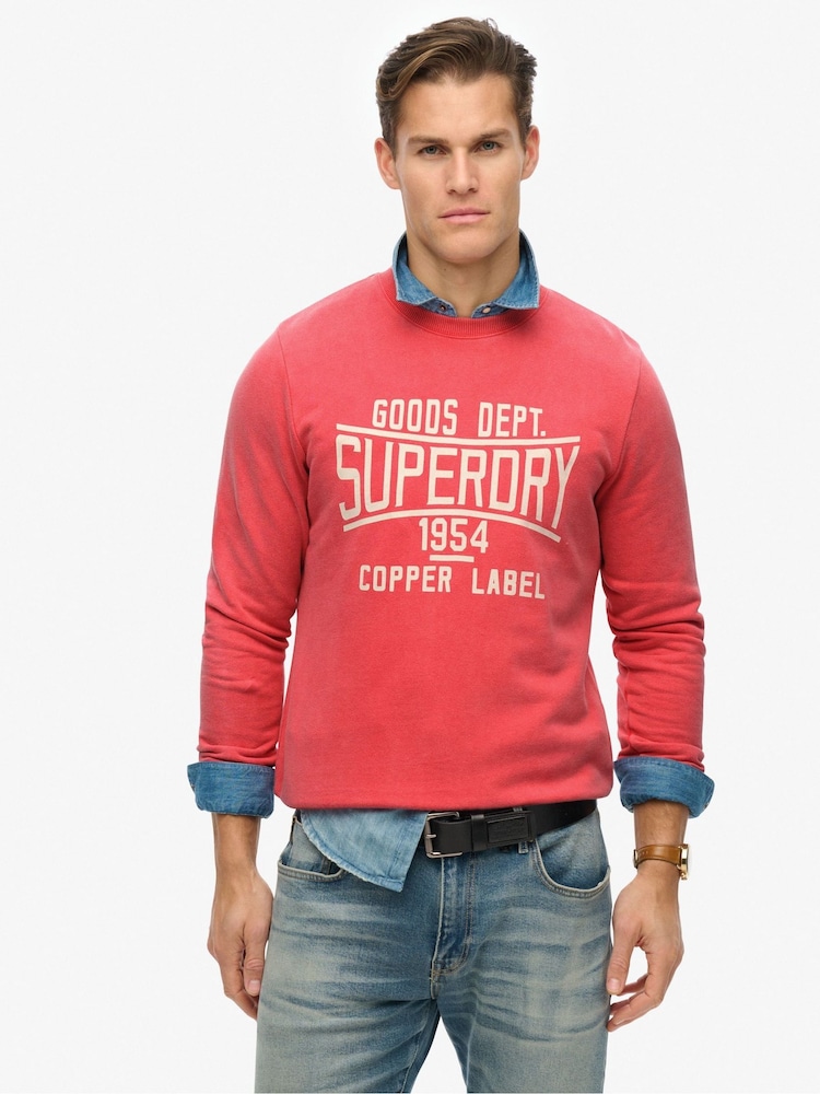 Superdry Red Vintage Wash Relaxed Crew 100% Cotton Sweatshirt - Image 1 of 6