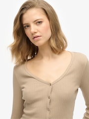 Superdry Natural 100% Cotton Essential Button Long Sleeve Top - Image 1 of 3
