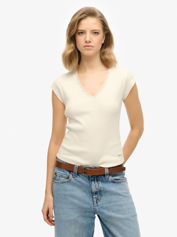 Superdry Off White 100% Cotton Essential Square Neck Short Sleeve T-Shirt - Image 1 of 5