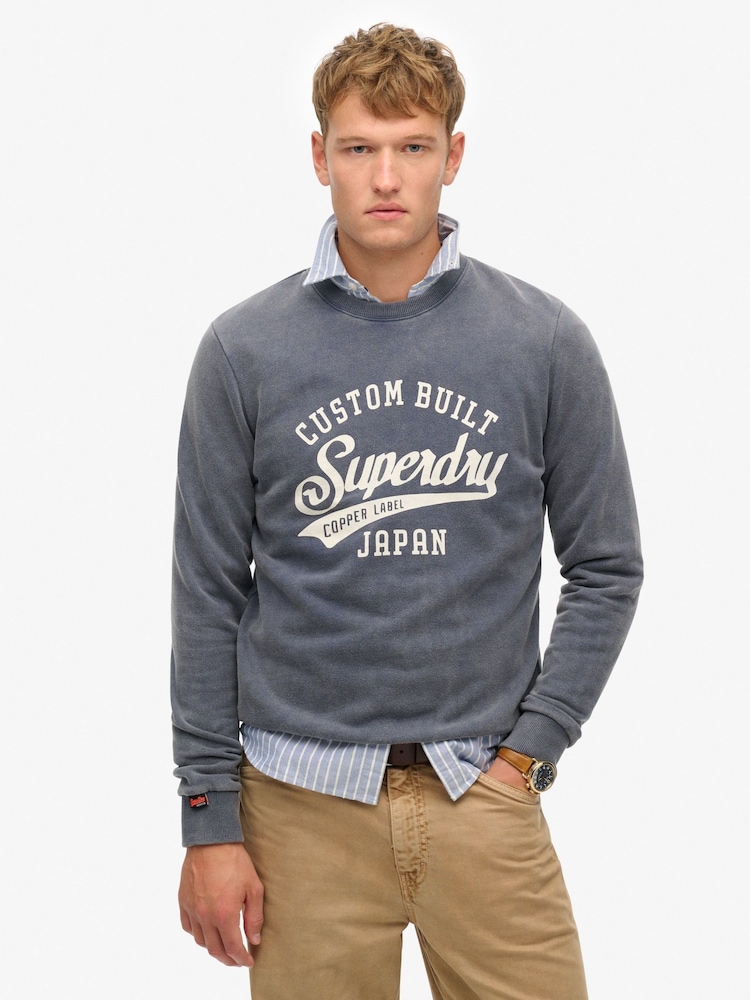 Superdry Blue Vintage Wash Relaxed Crew 100% Cotton Sweatshirt - Image 1 of 6