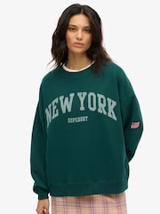 Superdry Green Oversized Athletic Essentials Crew 100% Cotton Sweatshirt - Image 1 of 6