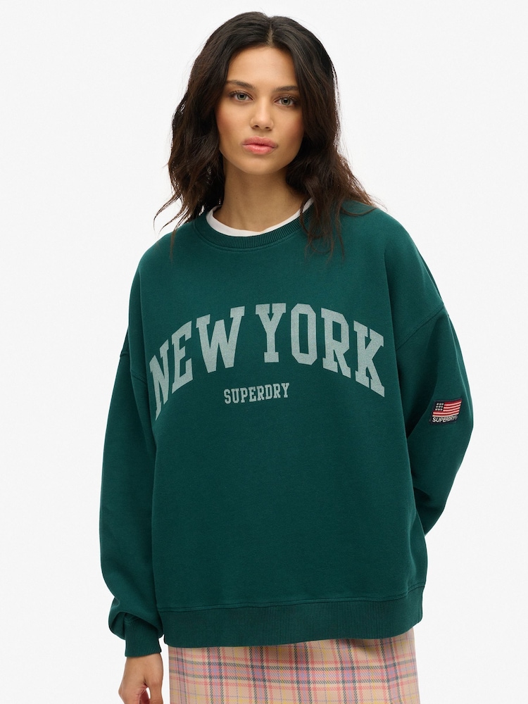 Superdry Green Oversized Athletic Essentials Crew 100% Cotton Sweatshirt - Image 1 of 6