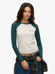 Superdry White/Green Essential Logo Ribbed Baseball Long Sleeve Top - Image 1 of 5