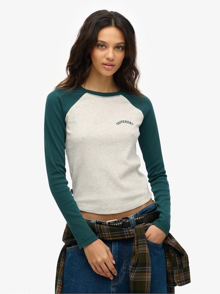 Superdry White/Green Essential Logo Ribbed Baseball Long Sleeve Top - Image 1 of 5