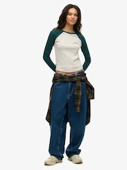 Superdry White/Green Essential Logo Ribbed Baseball Long Sleeve Top - Image 2 of 5