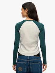 Superdry White/Green Essential Logo Ribbed Baseball Long Sleeve Top - Image 3 of 5