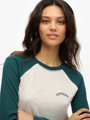 Superdry White/Green Essential Logo Ribbed Baseball Long Sleeve Top - Image 4 of 5