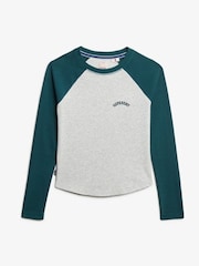 Superdry White/Green Essential Logo Ribbed Baseball Long Sleeve Top - Image 5 of 5