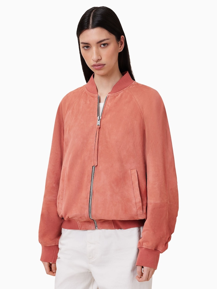 AllSaints Red Dana Suede Bomber Jacket - Image 1 of 8