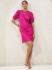 Lipsy Pink Petite Lace Short Sleeve Mini Shift Dress - Image 3 of 4