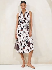 Lipsy White Brown Cow Printed Sleeveless Button Down Midi Shirt Dress - Image 1 of 4