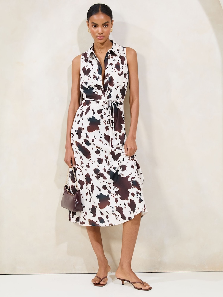 Lipsy White Brown Cow Printed Sleeveless Button Down Midi Shirt Dress - Image 1 of 4
