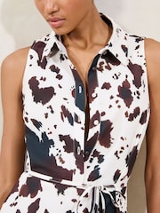 Lipsy White Brown Cow Printed Sleeveless Button Down Midi Shirt Dress - Image 2 of 4