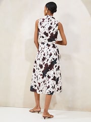 Lipsy White Brown Cow Printed Sleeveless Button Down Midi Shirt Dress - Image 4 of 4