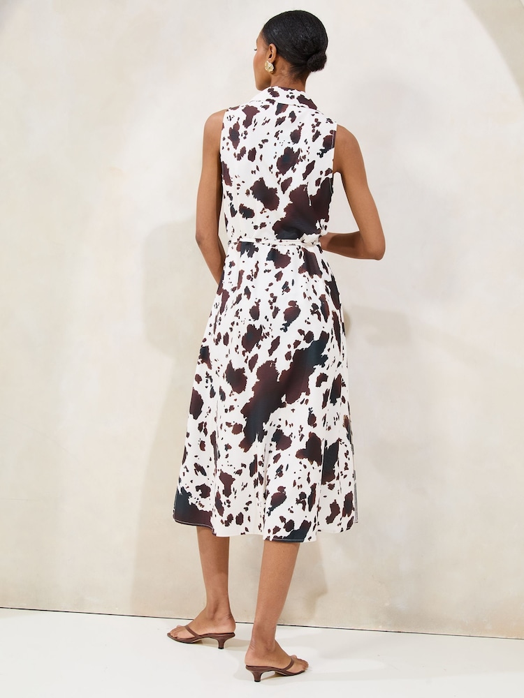 Lipsy White Brown Cow Printed Sleeveless Button Down Midi Shirt Dress - Image 4 of 4