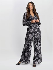 Gina Bacconi Kourtney Chiffon Black Jumpsuit - Imagen 1 de 6