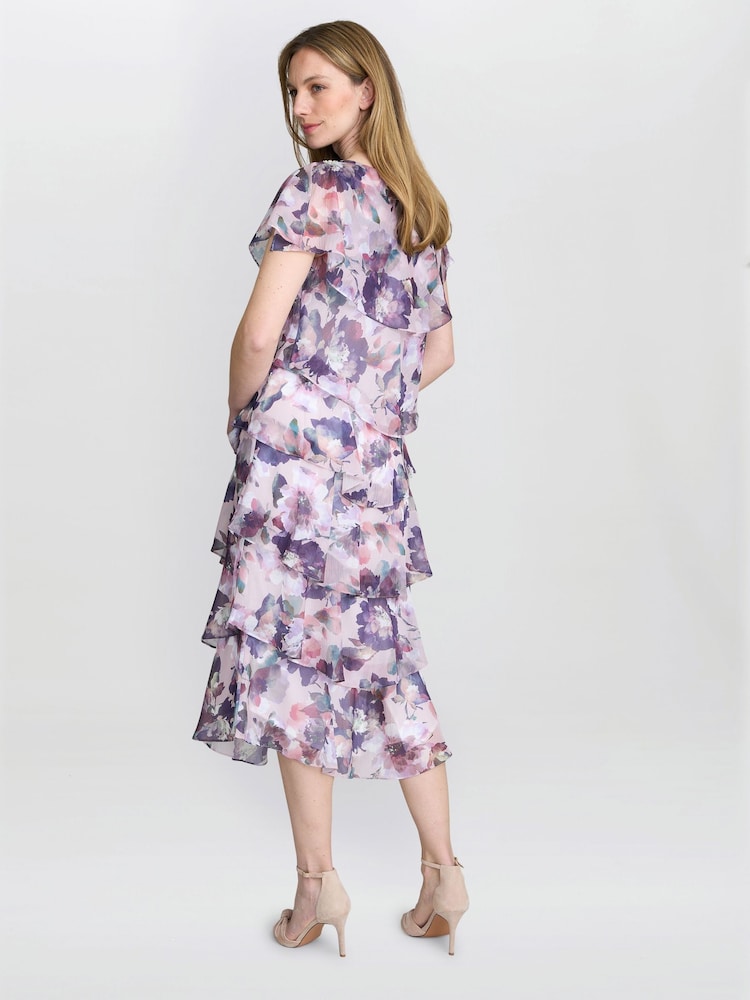 Gina Bacconi Purple Livvy Midi Length Printed Tier Dress - Image 2 of 6