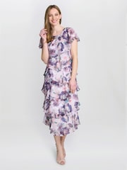 Gina Bacconi Purple Livvy Midi Length Printed Tier Dress - Image 3 of 6