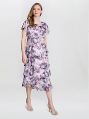 Gina Bacconi Purple Livvy Midi Length Printed Tier Dress - Image 5 of 6