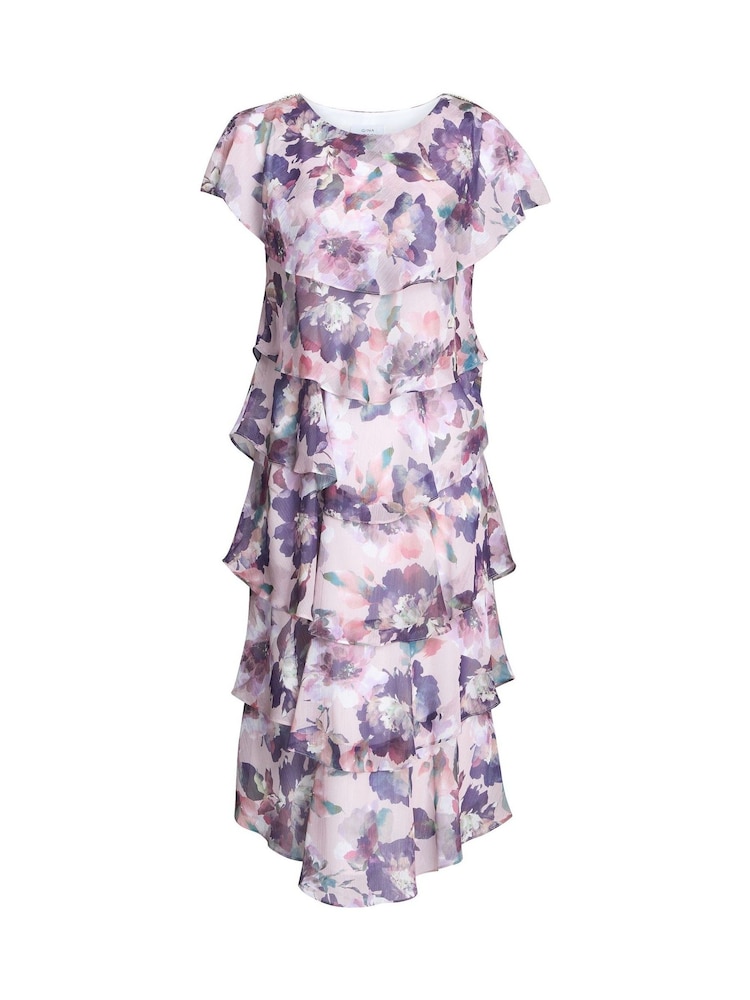 Gina Bacconi Purple Livvy Midi Length Printed Tier Dress - Image 6 of 6