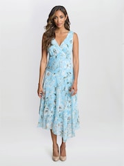Gina Bacconi Blue Cressida Floral Print Chiffon Asymmetric Hem Dress - Image 1 of 7