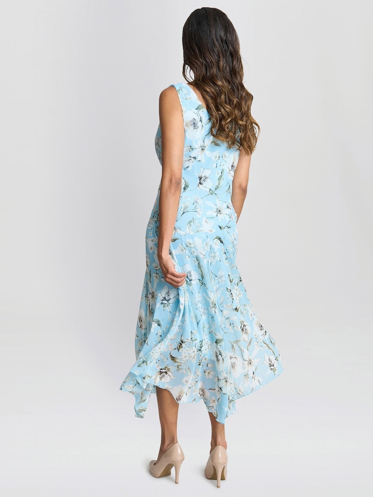 Gina Bacconi Blue Cressida Floral Print Chiffon Asymmetric Hem Dress - Image 2 of 7