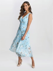 Gina Bacconi Blue Cressida Floral Print Chiffon Asymmetric Hem Dress - Image 3 of 7