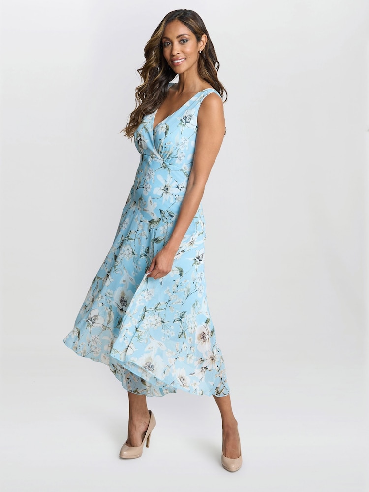 Gina Bacconi Blue Cressida Floral Print Chiffon Asymmetric Hem Dress - Image 3 of 7