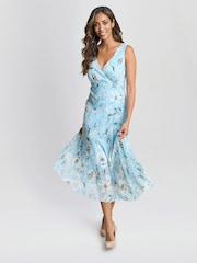 Gina Bacconi Blue Cressida Floral Print Chiffon Asymmetric Hem Dress - Image 5 of 7