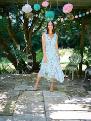 Gina Bacconi Blue Cressida Floral Print Chiffon Asymmetric Hem Dress - Image 6 of 7