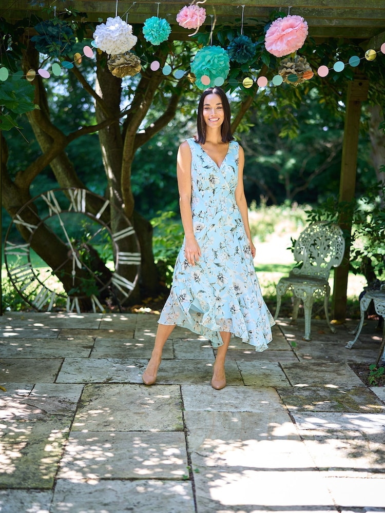 Gina Bacconi Blue Cressida Floral Print Chiffon Asymmetric Hem Dress - Image 6 of 7