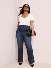 Friends Like These Inky Blue Curve Millie Mackintosh High Waist Pocket Flare Jeans - Image 1 of 4