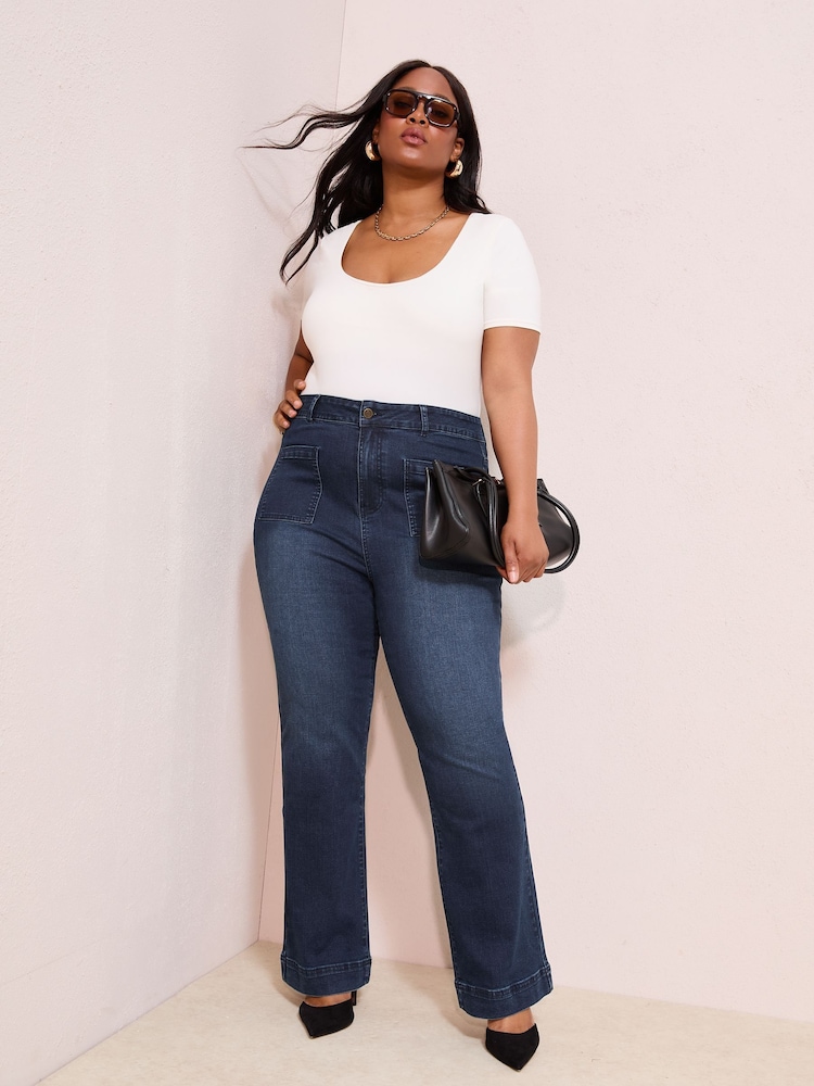 Friends Like These Inky Blue Curve Millie Mackintosh High Waist Pocket Flare Jeans - Image 1 of 4