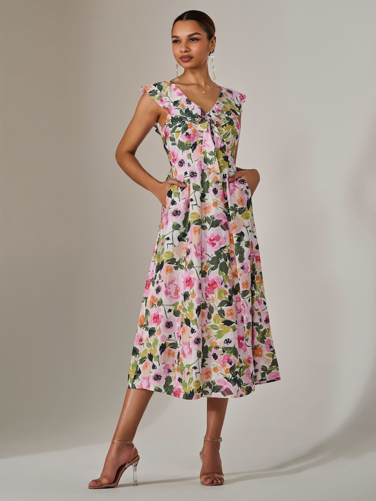 Jolie Moi Natural Frill V-Neck Midaxi Dress - Image 1 of 6