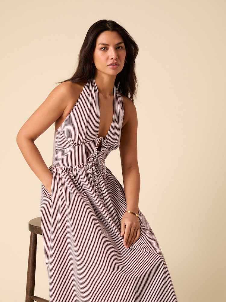 Nobodys Child Brown Lilijana Halter Neck 100% Cotton Midi Dress - Image 3 of 6